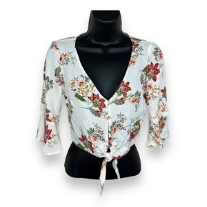 Small Becool White Floral Crop Top Boho Bell Sleeve Button Closure Cottage